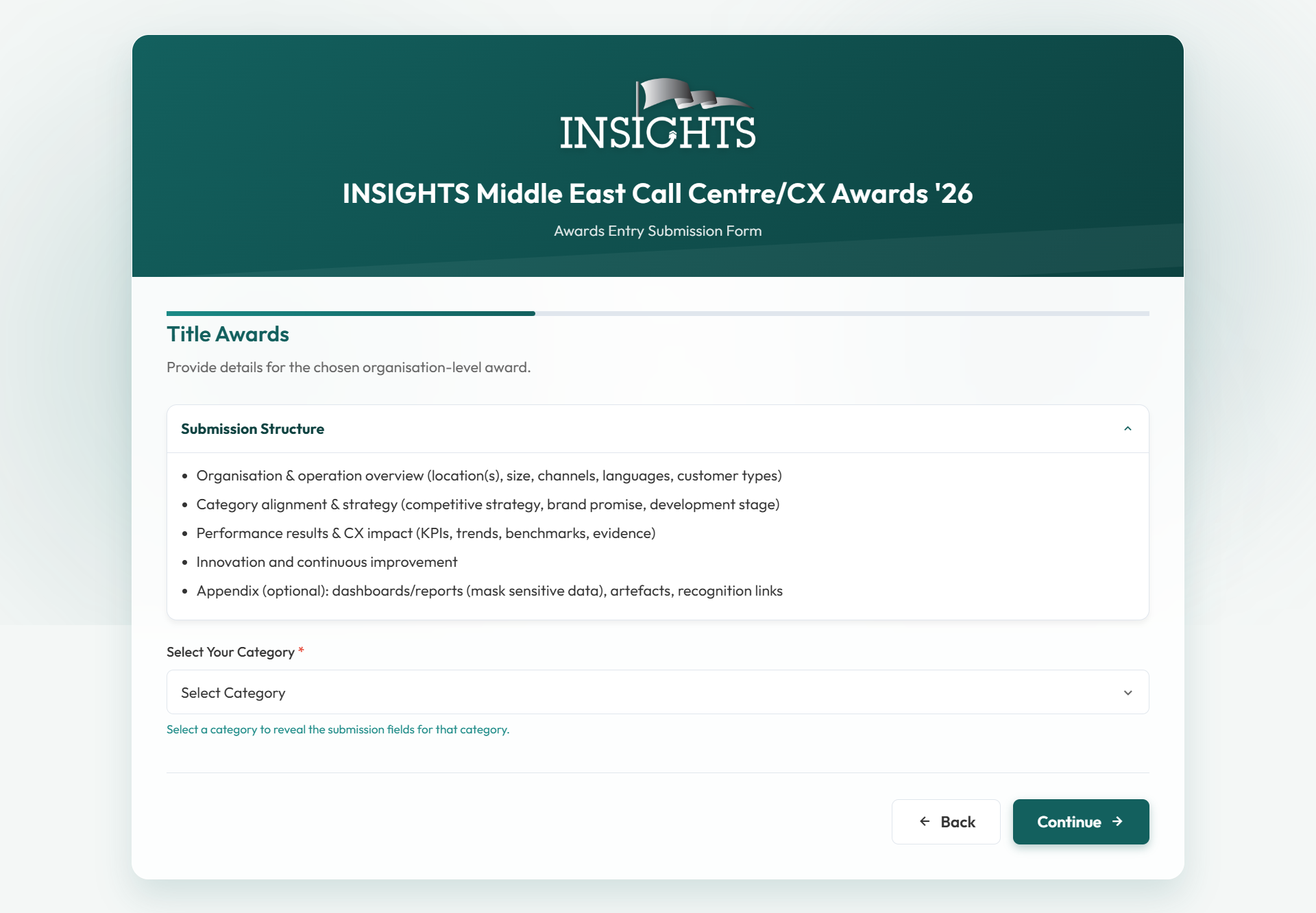 Title Awards category selection page